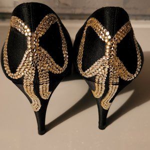 Stuart Weitzman Black Satin Pumps w/ Rhinestone Bow Design